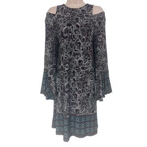 Size XL X-LARGE FLORAL-PAISLEY MIXED PRINT COLD SHOULDER BELL SLEEVE SHIFT DRESS